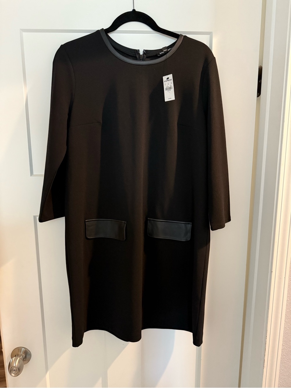 Express Black Long-Sleeve Shift Dress with Faux-Leather Pocket Trim